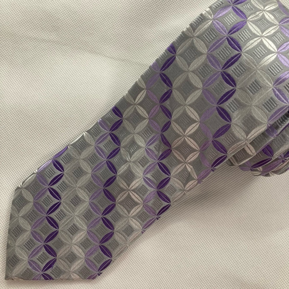 Joseph Abboud 100% Silk Tie Silver Gray Purple Geometric Jacquard 60" x 3.5"